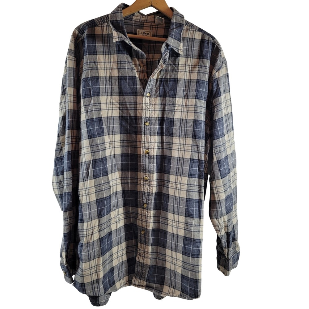 L.L. Bean Flannel Shirt Men XLTall Blue Cream Excellent Plaid Cotton Long Sleeve